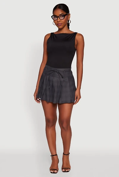 Tie Waist Belted Mini Plaid Pleated Skirt