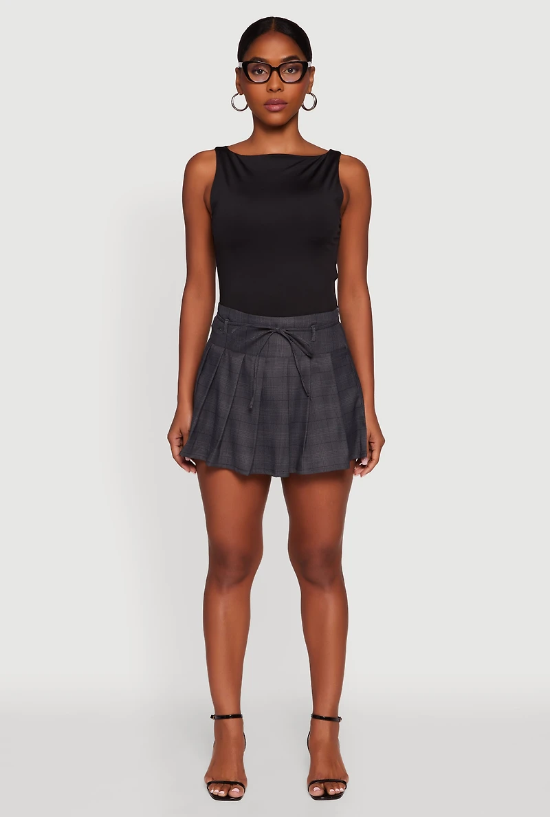Womens Tie Waist Belted Mini Plaid Pleated Skirt, L