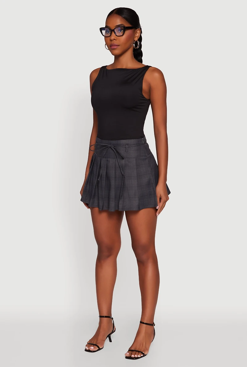 Tie Waist Belted Mini Plaid Pleated Skirt