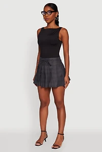 Tie Waist Belted Mini Plaid Pleated Skirt