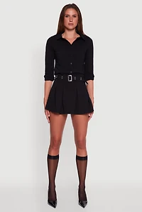 Womens Belted High Waisted Pleated Mini Skirt, Black, Size L