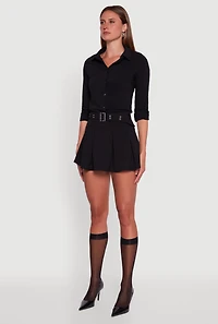 Womens Belted High Waisted Pleated Mini Skirt, Black,