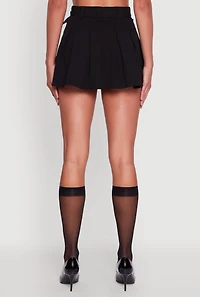 Womens Belted High Waisted Pleated Mini Skirt, Black,