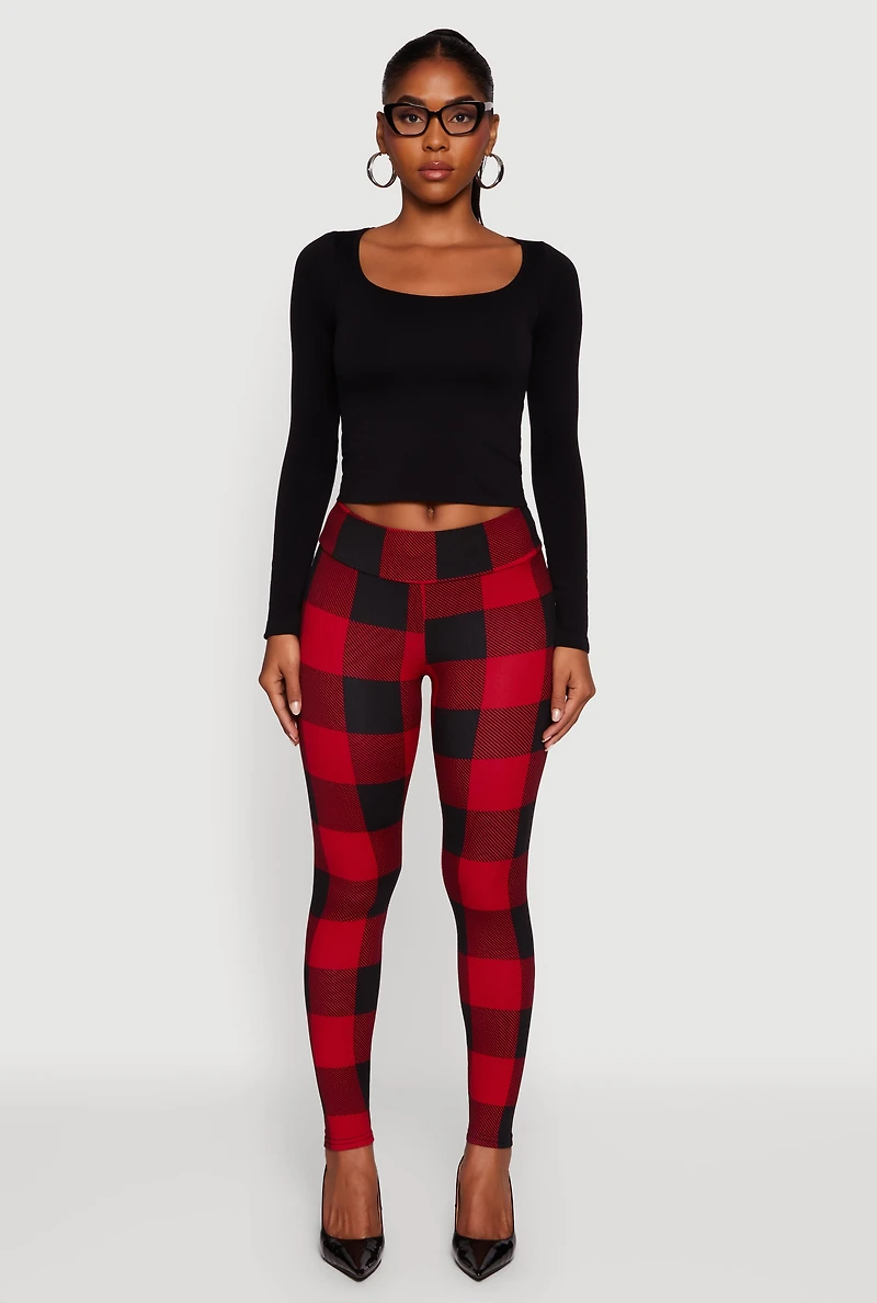 Womens Plaid Fleece Lined Leggings, Red, Size S