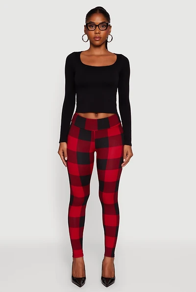 Womens Plaid Fleece Lined Leggings, Red, Size S