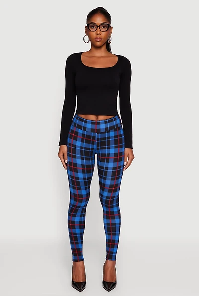 Womens Plaid Fleece Lined Leggings, L
