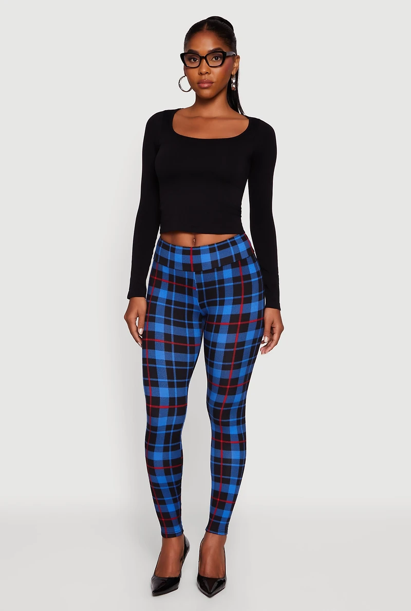 Womens Plaid Fleece Lined Leggings, L