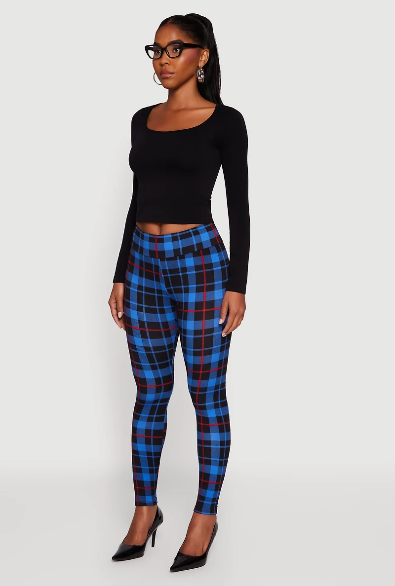 Womens Plaid Fleece Lined Leggings, L