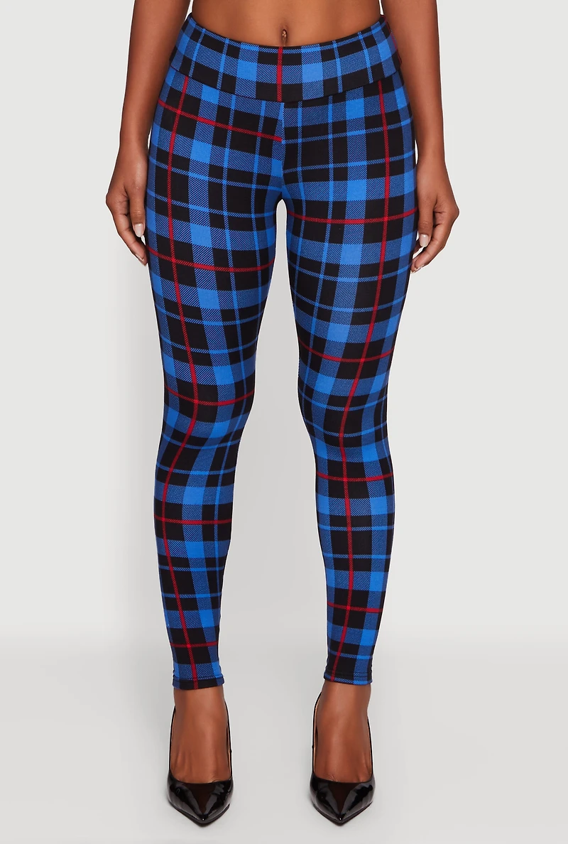 Womens Plaid Fleece Lined Leggings, L