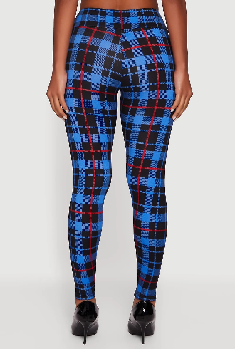 Womens Plaid Fleece Lined Leggings, L