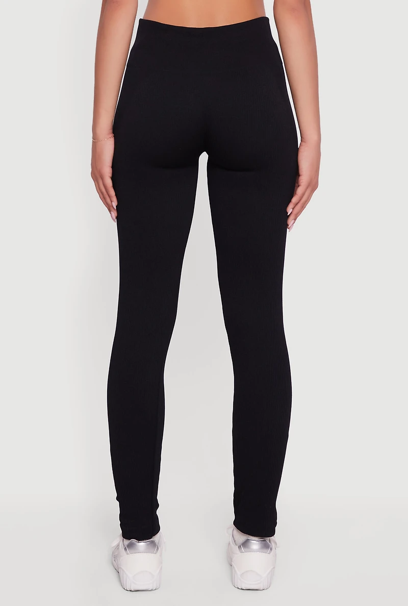 Womens Ribbed Seamless High Waisted Leggings, Black, Size L-XL