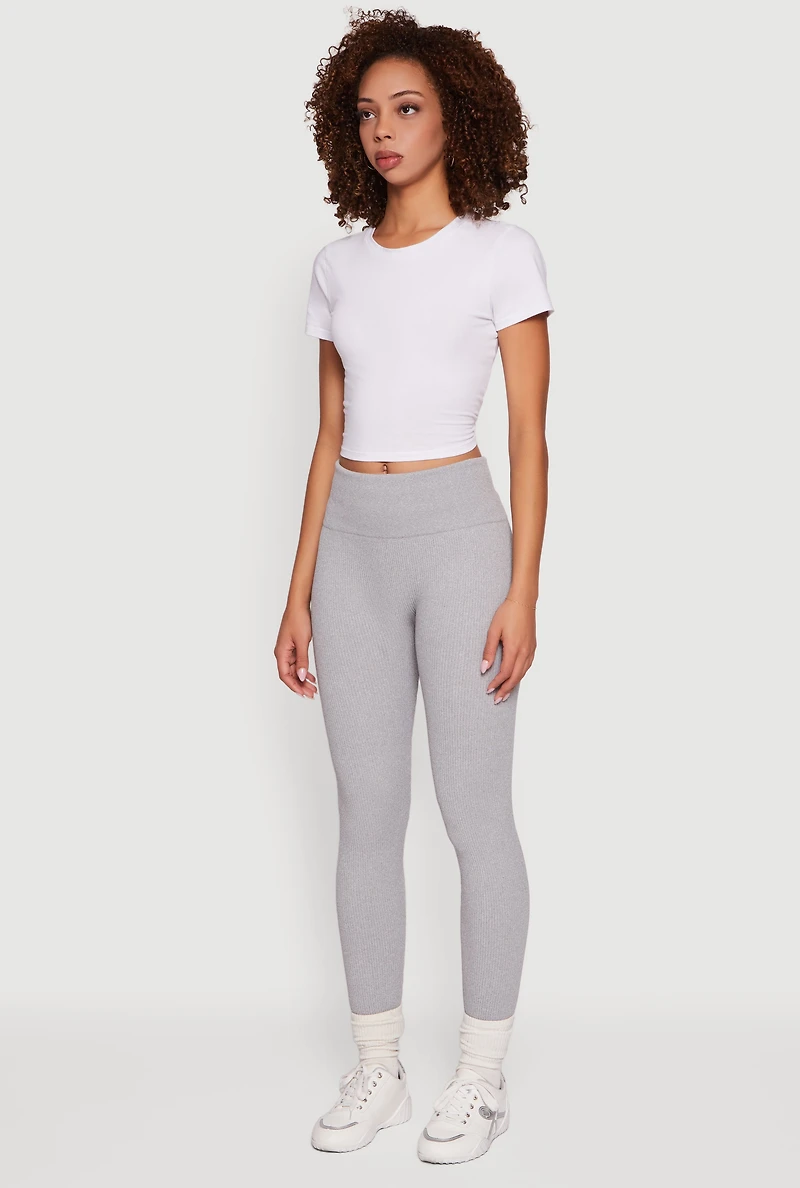 Womens Ribbed Seamless High Waisted Leggings, Grey, Size S-M