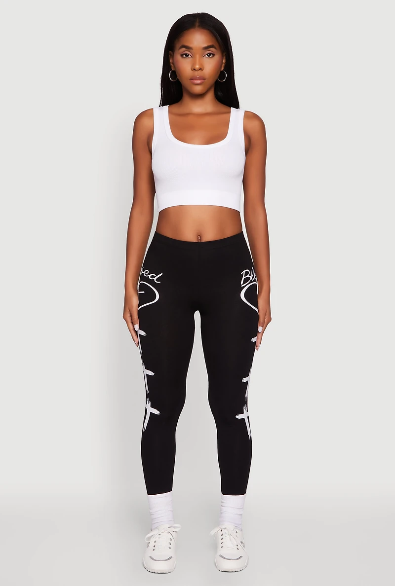 Womens Blessed Cross Heart Graphic Leggings, Black, Size M