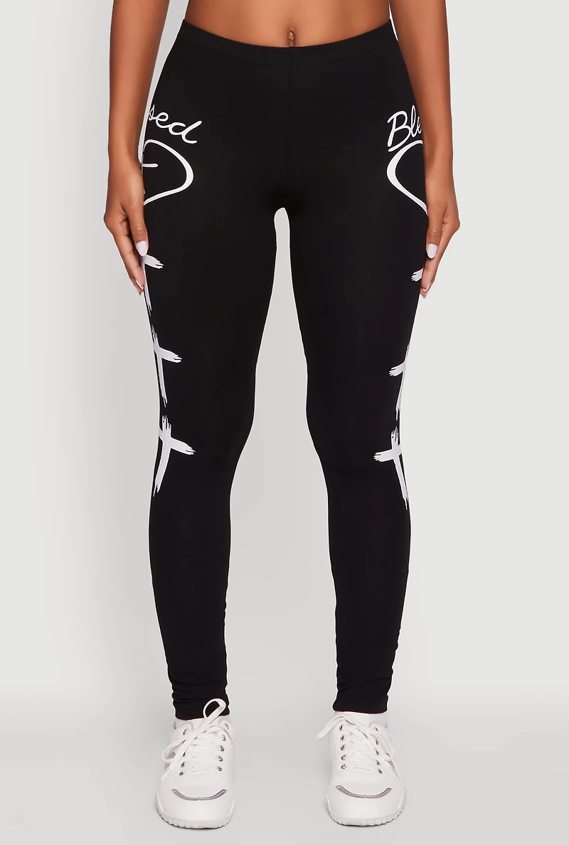 Womens Blessed Cross Heart Graphic Leggings, Black, Size M