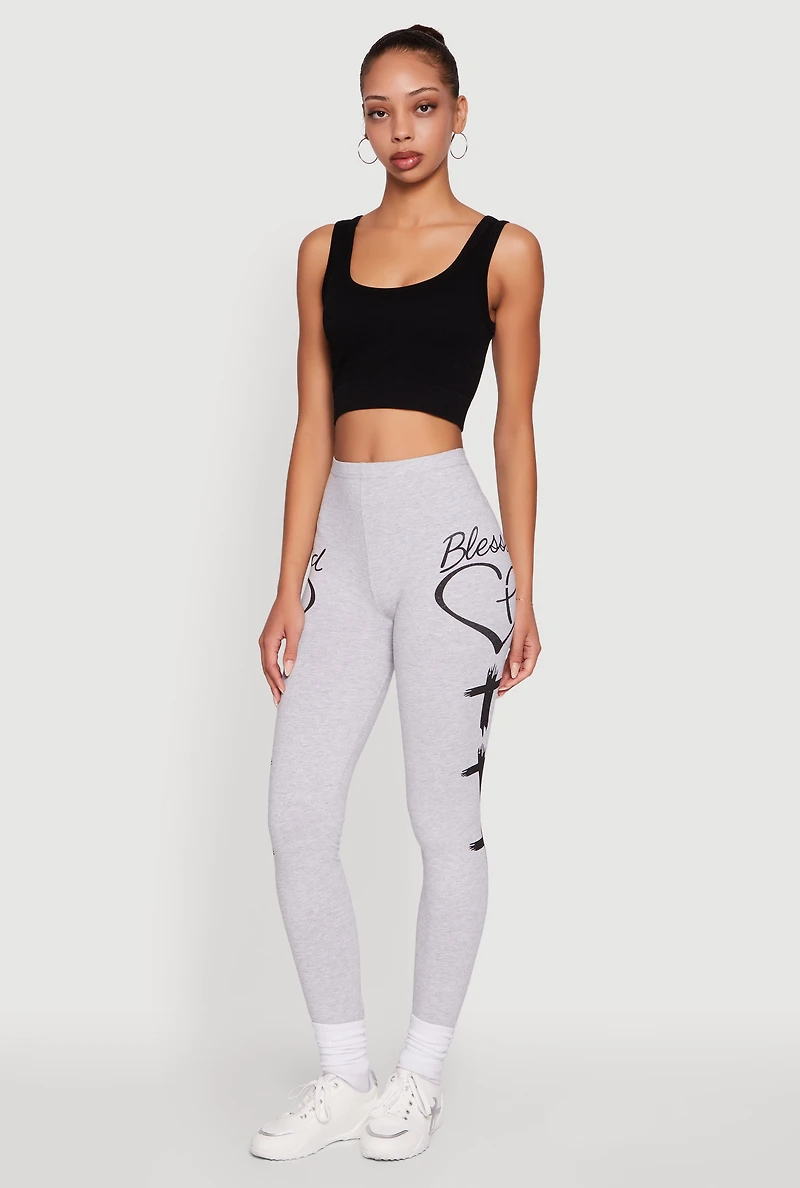 Womens Blessed Cross Heart Graphic Leggings, Grey, Size L