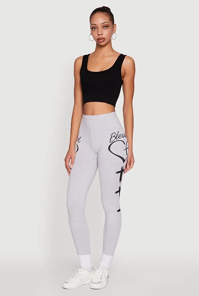 Womens Blessed Cross Heart Graphic Leggings, Grey, Size M