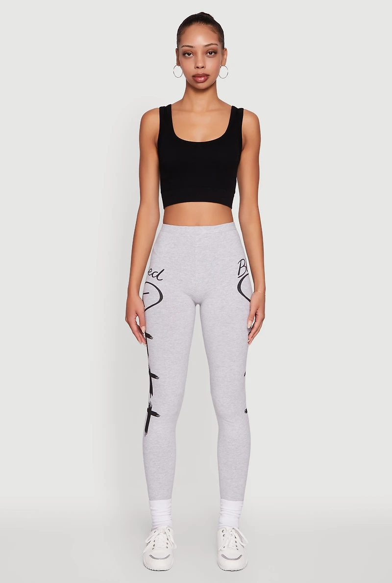 Womens Blessed Cross Heart Graphic Leggings, Grey, Size L