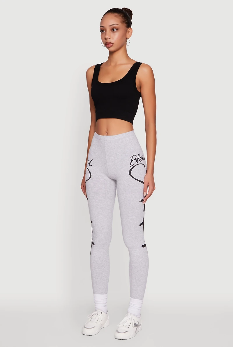 Womens Blessed Cross Heart Graphic Leggings, Grey, Size L
