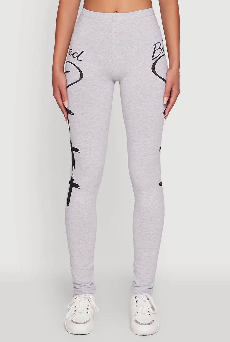 Womens Blessed Cross Heart Graphic Leggings, Grey, Size L