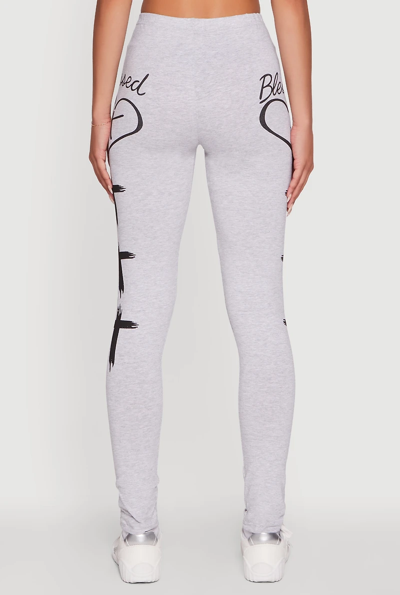 Womens Blessed Cross Heart Graphic Leggings, Grey, Size L