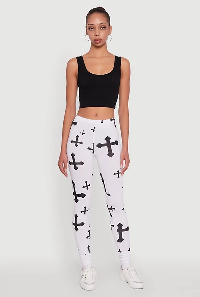 Womens Assorted Cross Print Leggings, White, Size M
