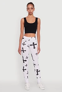 Womens Assorted Cross Print Leggings, White, Size M