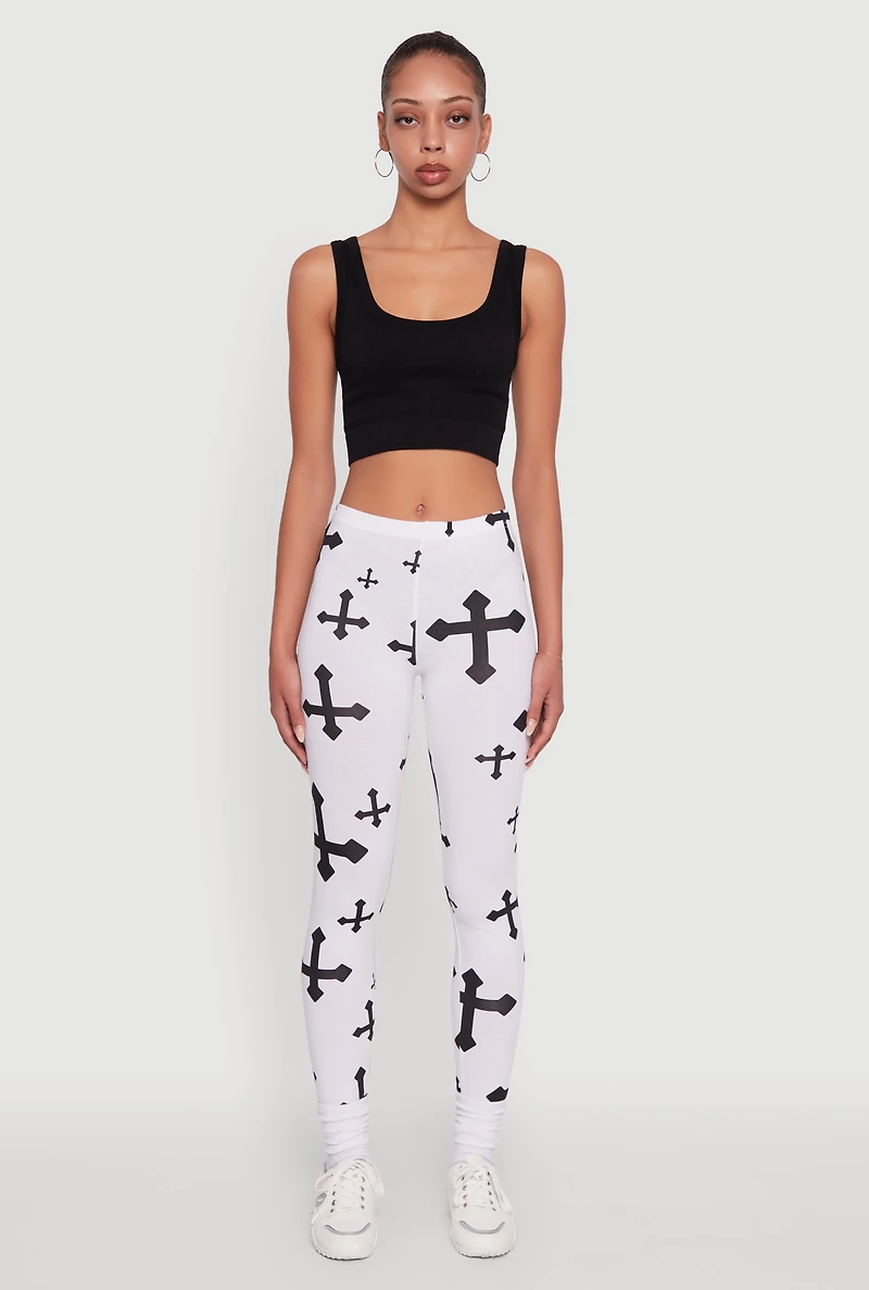 Womens Assorted Cross Print Leggings, White, Size L