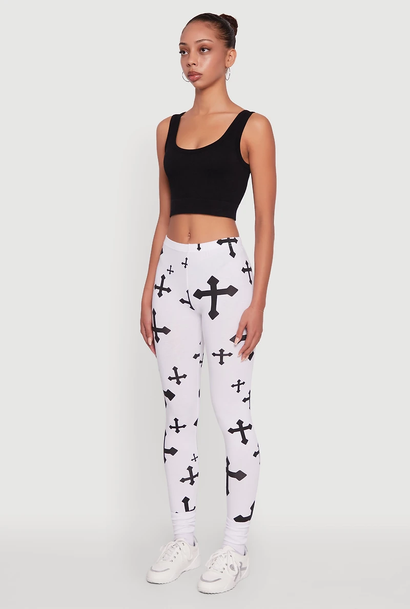 Womens Assorted Cross Print Leggings, White, Size M