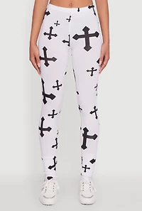 Womens Assorted Cross Print Leggings, White, Size M