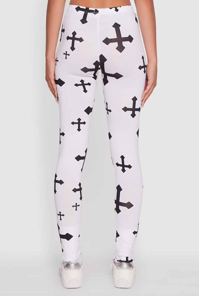Womens Assorted Cross Print Leggings, White, Size M