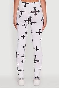 Womens Assorted Cross Print Leggings, White, Size M