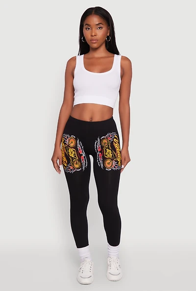 Womens Vintage Motorcycle Graphic Leggings, Black, Size S
