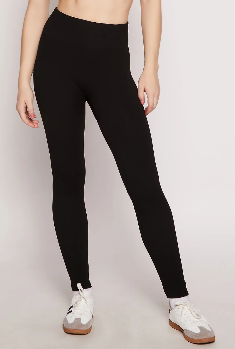 Womens Ribbed Knit Fleece Lined High Waist Leggings, Black, Size S-M