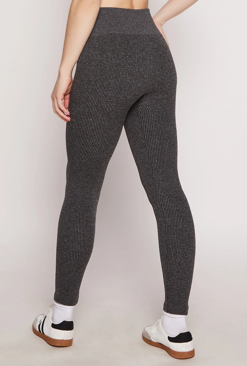 Womens Ribbed Knit Fleece Lined High Waist Leggings, Grey, Size S-M