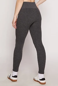 Womens Ribbed Knit Fleece Lined High Waist Leggings, Grey, Size S-M
