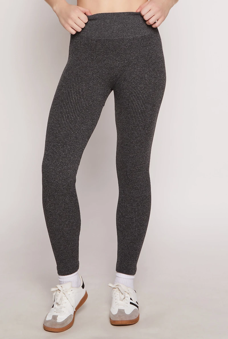 Womens Ribbed Knit Fleece Lined High Waist Leggings, Grey, Size S-M