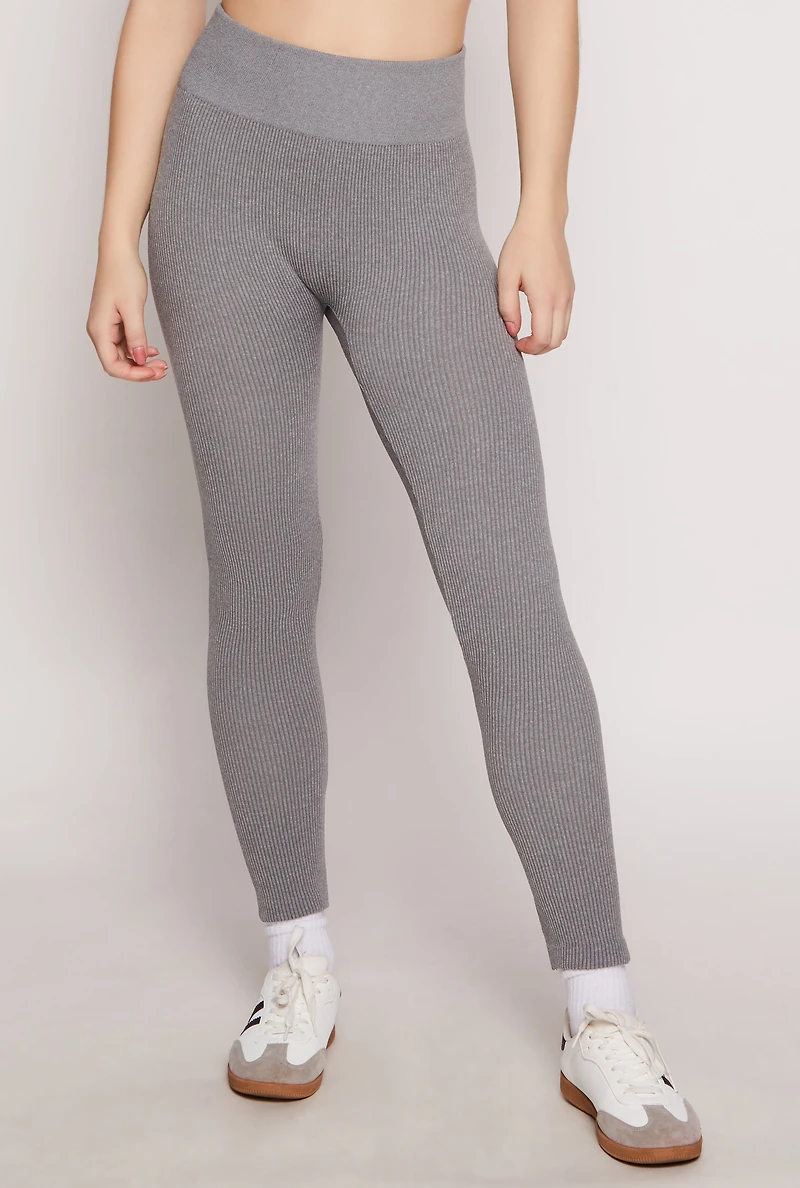 Womens Ribbed Knit Fleece Lined High Waist Leggings, Grey, Size M-L