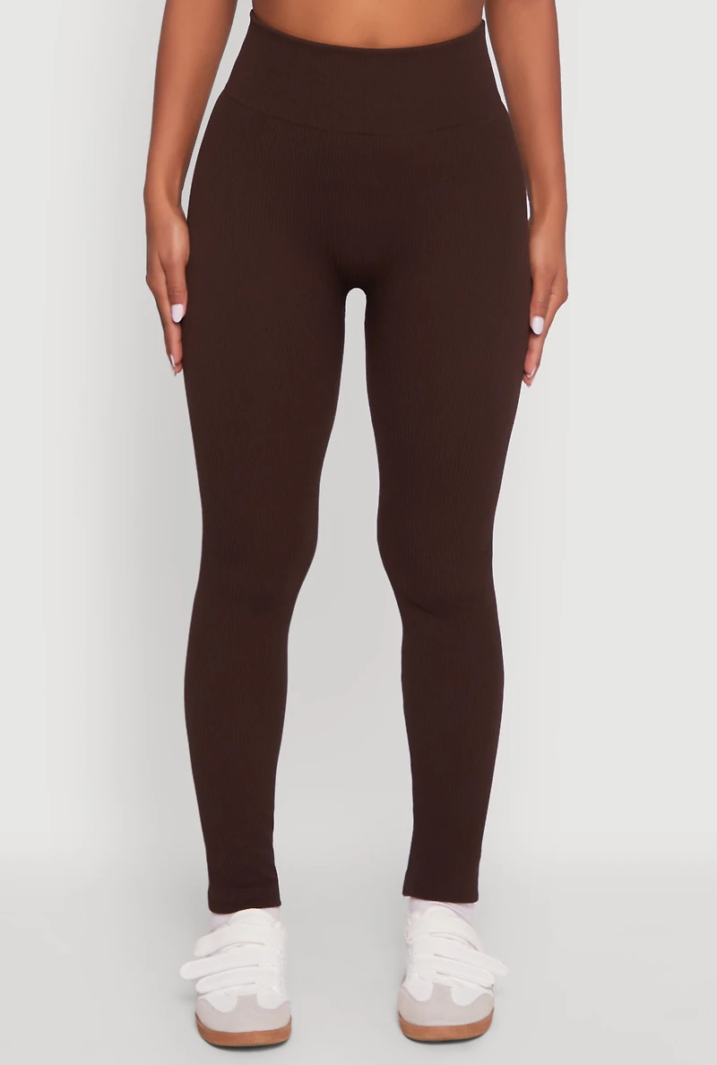 Womens Ribbed Knit Fleece Lined High Waist Leggings,