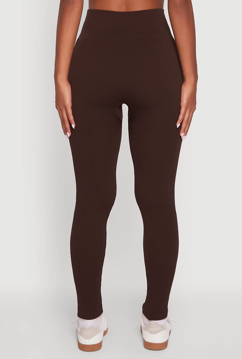 Womens Ribbed Knit Fleece Lined High Waist Leggings,