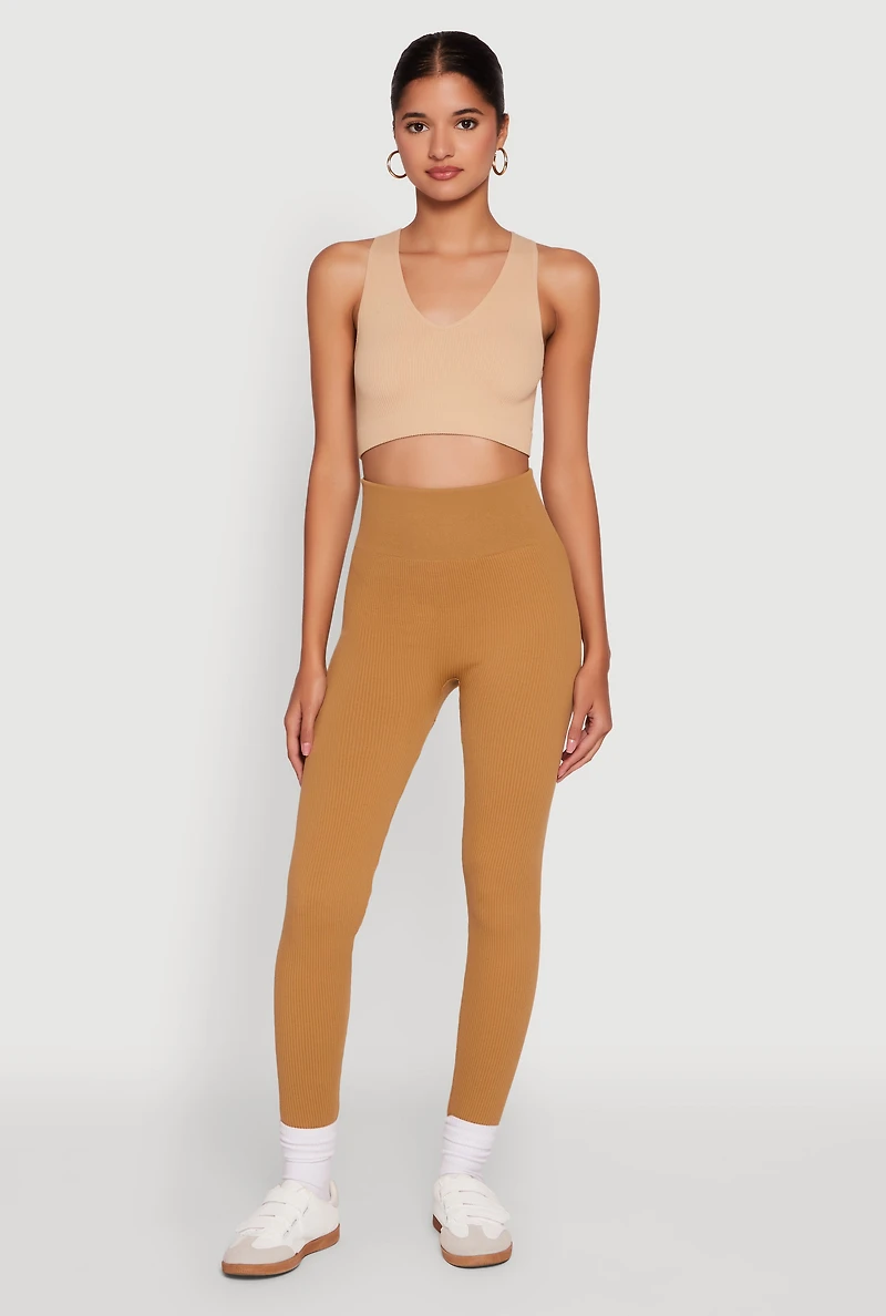 Womens Ribbed Knit Fleece Lined High Waist Leggings, Brown, Size L-XL