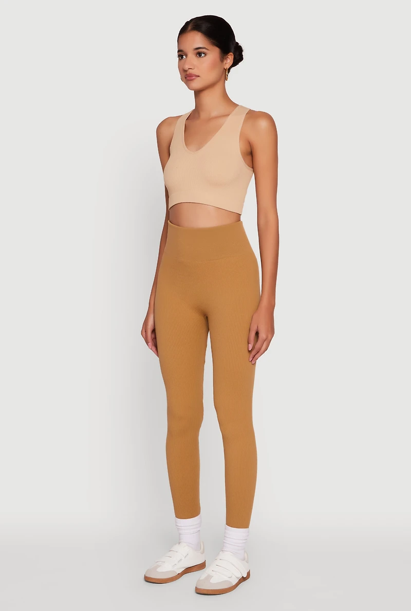 Womens Ribbed Knit Fleece Lined High Waist Leggings, Brown, Size L-XL