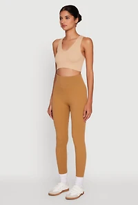 Womens Ribbed Knit Fleece Lined High Waist Leggings, Brown, Size L-XL