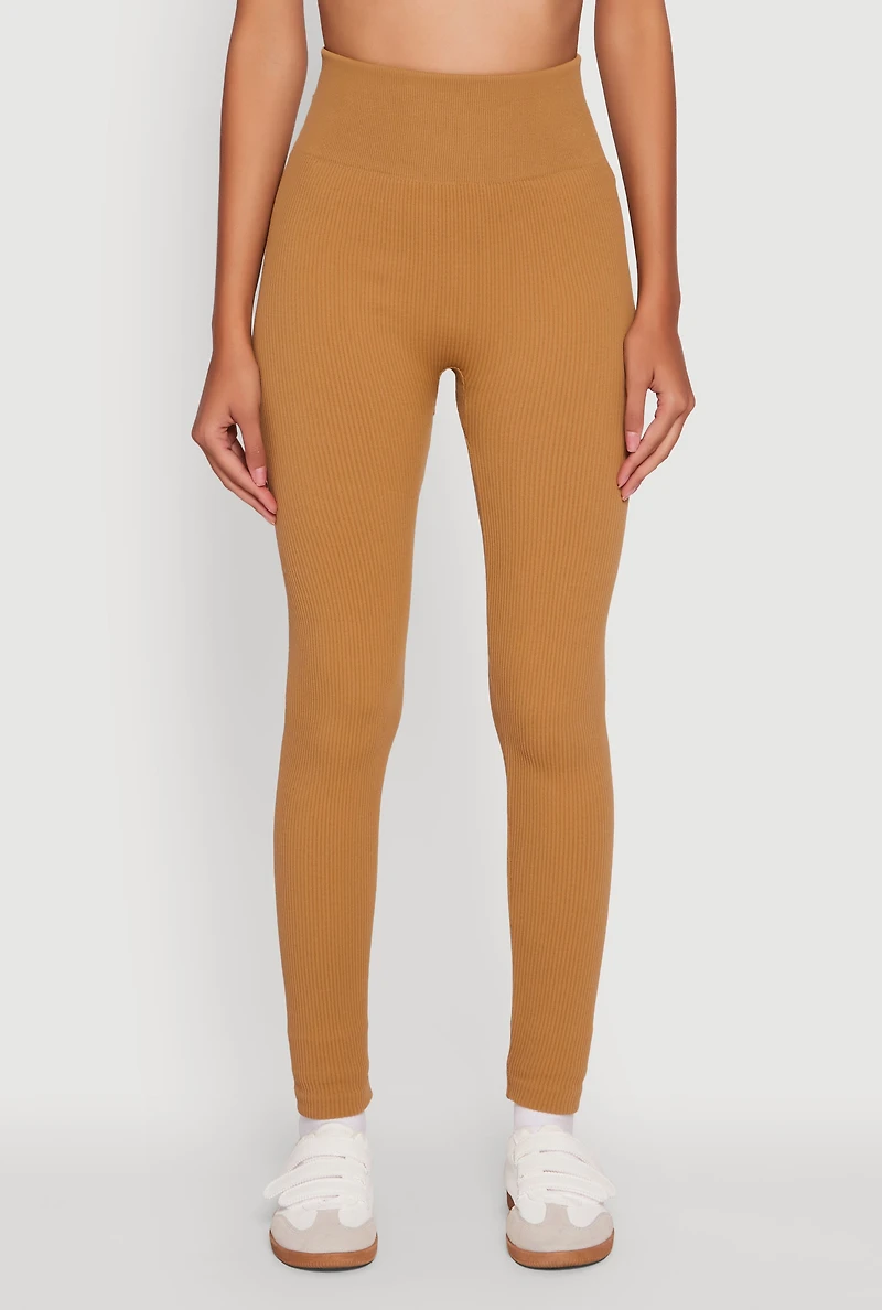 Womens Ribbed Knit Fleece Lined High Waist Leggings, Brown, Size L-XL