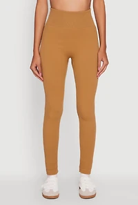 Womens Ribbed Knit Fleece Lined High Waist Leggings, Brown, Size L-XL