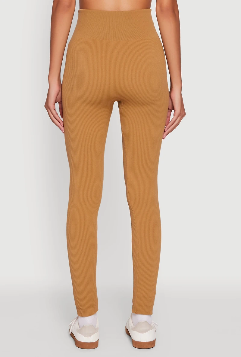 Womens Ribbed Knit Fleece Lined High Waist Leggings, Brown, Size L-XL