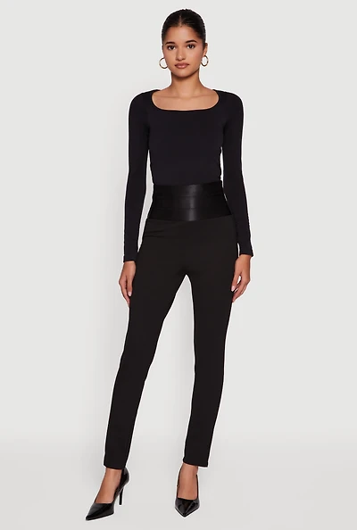 Womens Ponte Bandage Waistband High Waisted Slim Leg Pants, Black, Size L