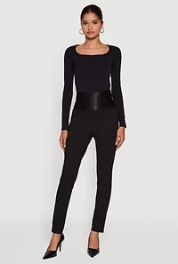Womens Ponte Bandage Waistband High Waisted Slim Leg Pants, Black, Size L