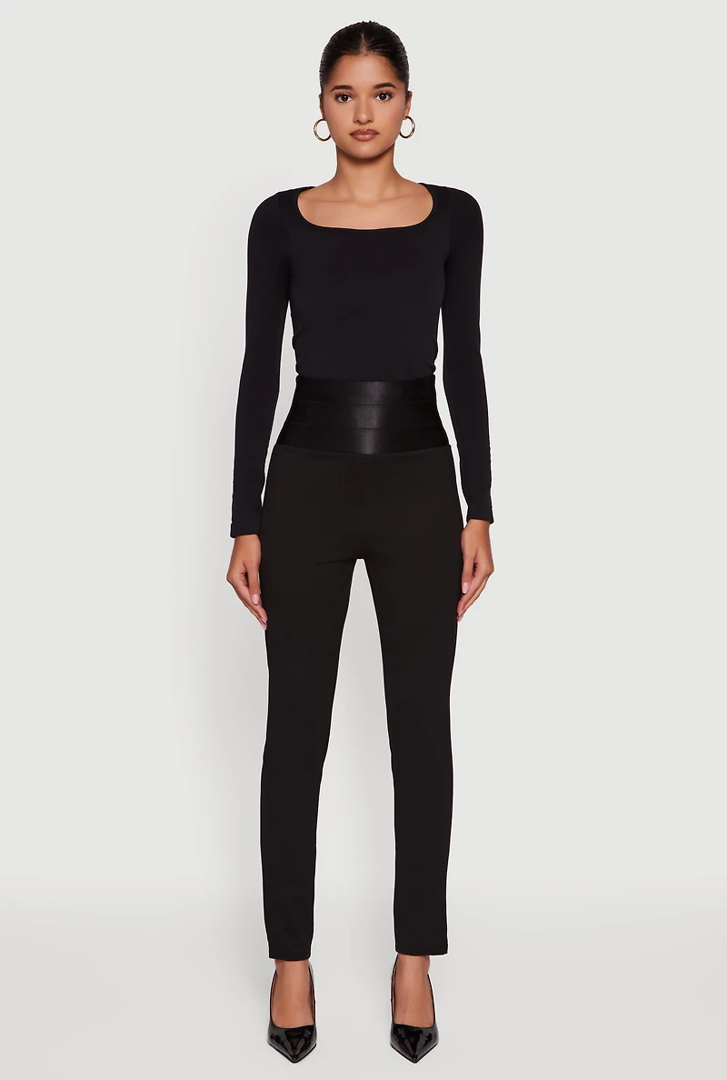 Womens Ponte Bandage Waistband High Waisted Slim Leg Pants, Black, Size L