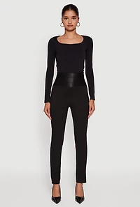 Womens Ponte Bandage Waistband High Waisted Slim Leg Pants, Black, Size L