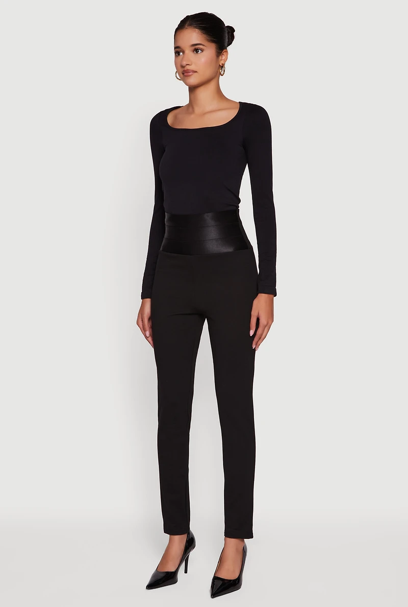 Womens Ponte Bandage Waistband High Waisted Slim Leg Pants, Black, Size L